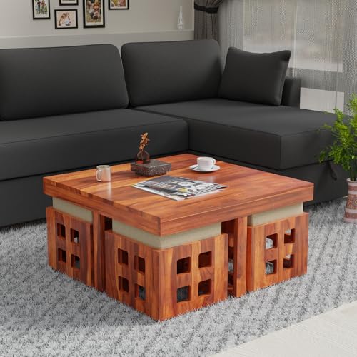 Image of Solid Sheesham Wood Coffee Table with 4 Stool | Square Centre with Stools | for Living Room Honey Finish, Pre Assembled