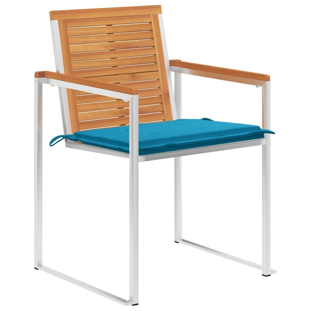 Zestaw 4 krzeseł ogrodowych z poduszkami, lite drewno akacjowe olejowane, styl teak, składane, odporne na rdzę, niebieskie poduszki poliestrowe, na taras i patio, 60x56x85 cm