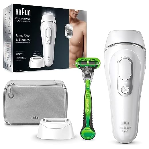 Braun Silk-expert Pro 5 PL5115 IPL hårborttagningsanordning för permanent synlig hårborttagning för män, för kropp, vit/silver, med bred fastsättning och Gillette Body rakapparat