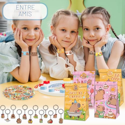 Eymobad 86 PCS Capybara Party Favour Supplies,Capybara Anniversaire Fête Cadeaux,compris sacs cadeaux Capybara, autocollants,Porte Clés,Bracelets,pour Garçons Filles Fêtes Fournitures – vue 6
