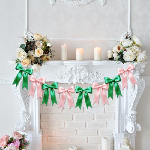 Image of 1 String of 8PCS Pink&Green Bow Garland Banner Wicked Party Decoration,Pre-Strung Satin Ribbon Ornaments for Birthday,Bachelorette Party,Wedding,Engagement,Baby Shower,Graduation Decor,Anniversary