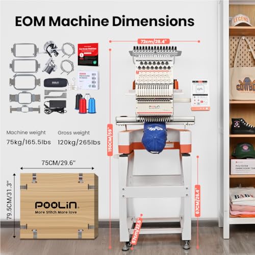 Image of Poolin EOM 15-Needle Commercial Embroidery Machine,14.2 inchx9.5 inch Large Embroidery Area for Small Business User Friendly,for Hats,Cap & 3D Caps & Daily Orders,Auto Color Change & Trim,WiFi /USB Transfer
