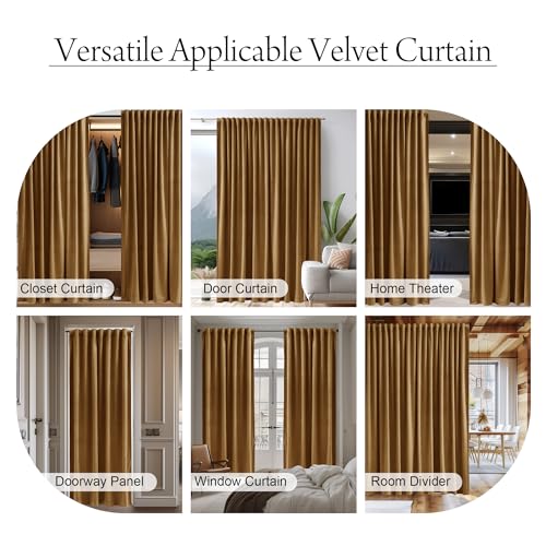 Image of Doorway Curtain Back Tab Gold Brown Velvet Thermal Insulated Sliding Door Panels Privacy Blackout Window Drapes Room Divider for Office Bedroom Closet, W62 x L80, 1 Panel