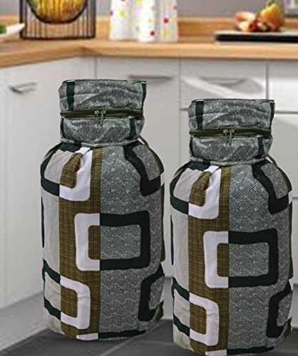 Image of Polyester 3-Layered LPG Gas Cylinder Covers with Zip Enclosure Pack of 2- (Color-Geometric Green, Size-26x14 Inches)