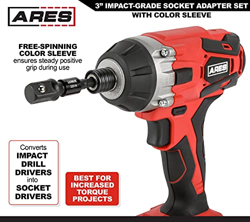 Ares 22011-3-Piece 3-Inch Impact Grade Socket Adapter Set With Color Sleeve - Turns Power Drill Into High Speed Nut Driver - 1/4-Inch, 3/8-Inch, And 1/2-Inch Drive #TOP3