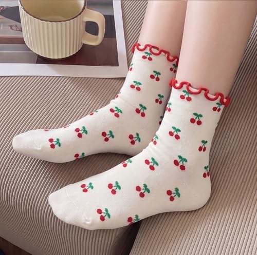 Image of Women's Cute Crew Socks, Casual Athletic Cotton Bowknot Cherry Calf Novelty Socks for Women