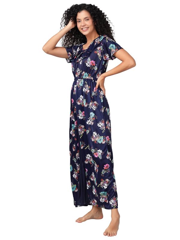 Image of Clovia Women's Satin Printed Long Nighty in Navy Blue
