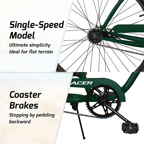 Trace ACE 26 Inch Beach Cruiser Bike, Single Speed Commute Bike Coaster Brake, Step-Through Bicycle for Adult Women & Men, Steel Frame Cruiser Bike Vintage Classic Handlebar (Male, Matte Green) - Thumbnail 4