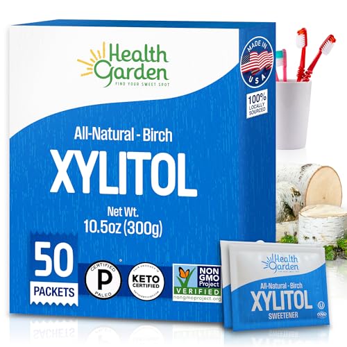Health Garden Birch Xylitol Sweetener 50 Packets 100% Birch-Derived Xylitol Sugar Substitute for Baking & Coffee 1:1 Sugar Replacement Supports Teeth Keto Vegan Non-GMO