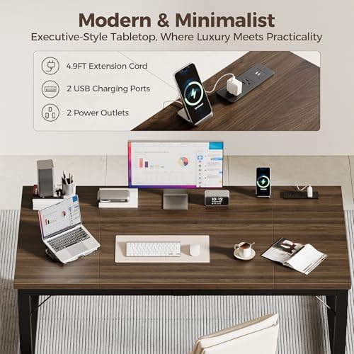 Image of Mericonia 63 Inch Computer Desk with Power Outlets, 1.2 inch Thick Office Table