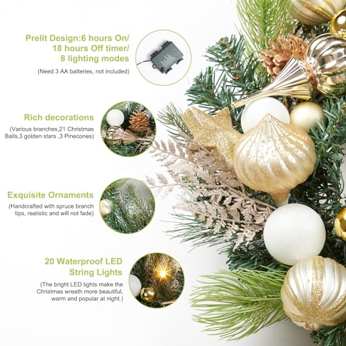 GAOMON Christmas Wreath for Front Door, 24 Inch Outdoor Christmas Wreath, Battery Operated Xmas Wreath with Gold White Ball Ornaments Pine Cones and 20 LED Lights for Home Holiday Decor