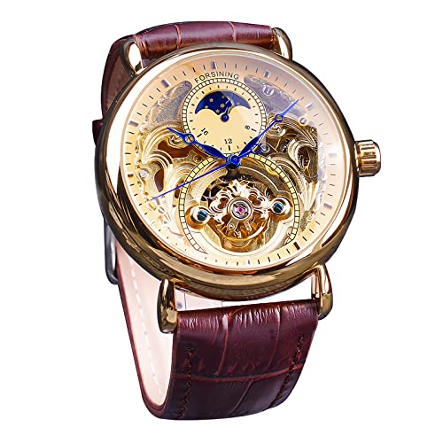 FORSINING Herren-Armbanduhr, automatisch, selbstaufziehend, mit schwarzem Silikonband, Retro-Skelett, Mondphase, großes Zifferblatt, mechanische Armbanduhr, Gold 2, Armband