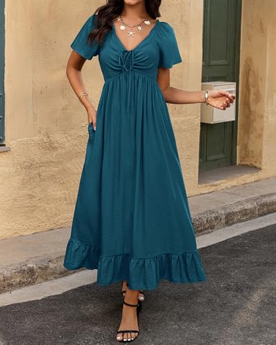 Image of BTFBM Womens Summer Dresses 2026 Casual Short Sleeve V Neck Drawstring Wedding Guest Maxi Dresses Boho Beach Long Dress
