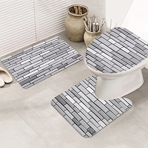 Badematte Badvorleger Set 3-TLG. Teppich, Grau, Illustration von Brick Wall Contemporary Art Print 3D Vision Odd Modern…