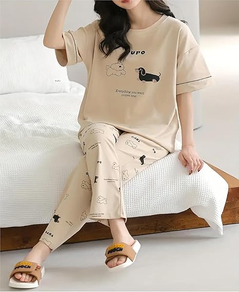 Image of Women's Pajama Set with Top & Pants|| Korean Night Wear|| Loose Fit Home Wear || Lightweight Printed Set || Soft & Comfy Girls & Women