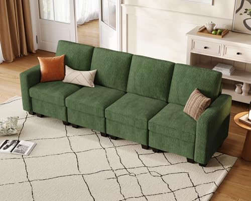 Image of CHIC HOUSE Modular Sectional Sofa with Storage Ottomans, Corduroy Cloud Couch for Small Spaces & Apartments, Reconfigurable L /U Shaped Convertible Corner Sofa, Beige, 5 Seater Sectional