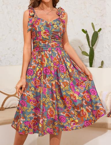 Image of Kranda Women 2026 Summer Casual Spaghetti Strap Sundress V Neck Sleeveless Flowy Boho Floral Midi Dress with Pockets