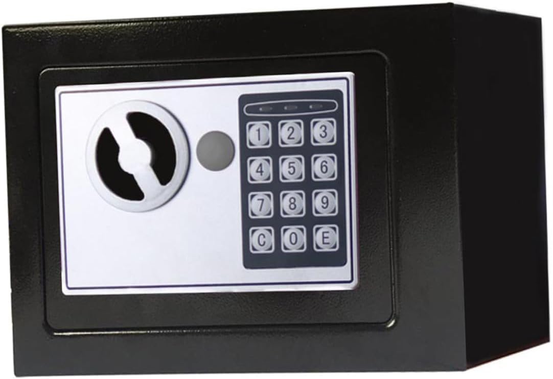 Small Steel Mini Safety Box with Digital Keypad Lock and Manual Override Key, Compact Home Security Safe Box for Cash and Valuables, Black Cabinet Safe without Battery