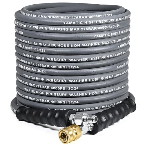 YAMATIC 5/16" Pressure Washer Hose 50FT, Kink Free Replacement Hose with Swivel Quick Connect, Non Marking Hot Water Power Washer Hose Max 212°F, 4000 PSI Steel Wire Braided & Rubber Jacket