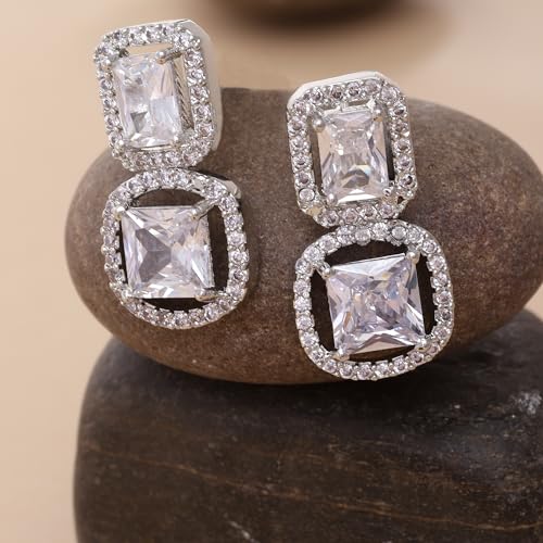 Image of Zeneme Fashion Stylish Silver Plated Earring Rhodium Plated American Diamond Crystal Earrings For Women & Gifts For Girls