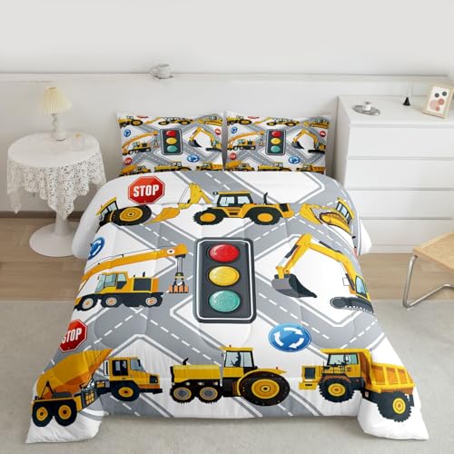 Image of Feelyou Cartoon Construction Excavator Bedding Set for Kids Boys Vehicles Truck Car Comforter Decor Machinery Bulldozer Crane Comforter Set Nursery Duvet Set King Size Bedspreads Coverlet Sets Boys