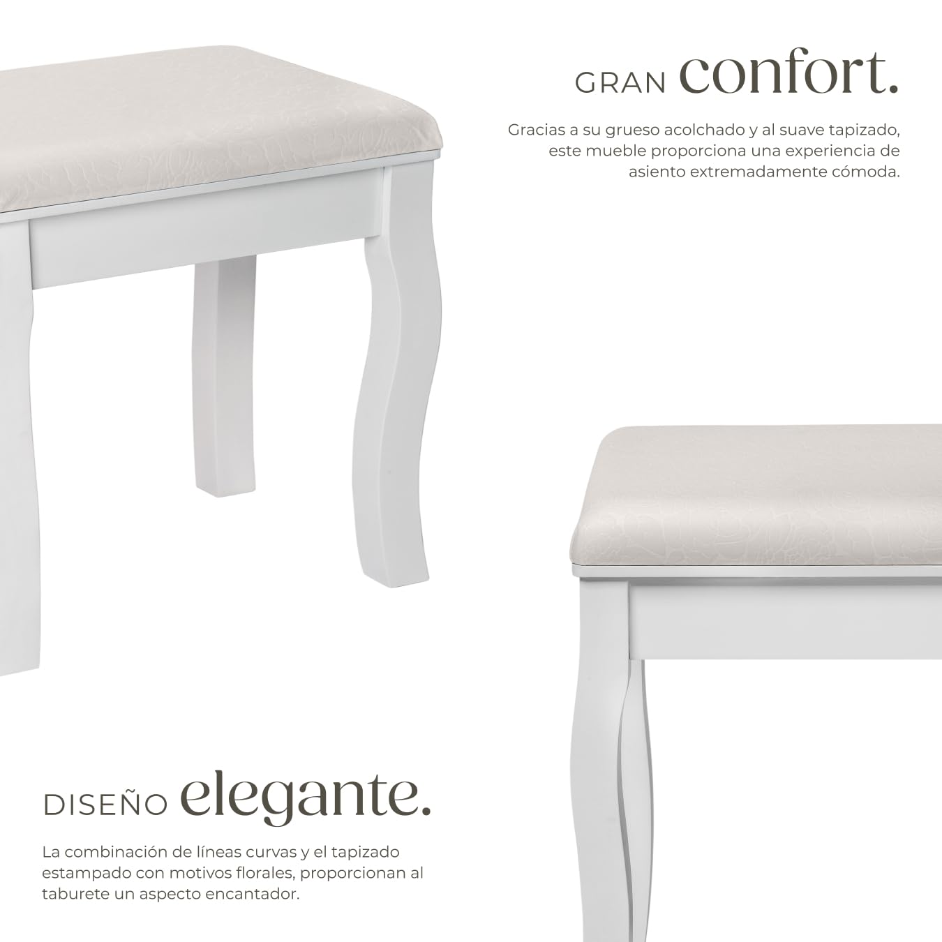 tectake® Taburete Tocador Maquillaje, Banqueta Dormitorio con Asiento Acolchado, Silla Tocador Maquillaje con Patas de Madera, Ideal para Piano y Vestidor Moderno - Blanco