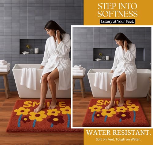 Image of SANMARINO Luxurious 2000 GSM Microfiber Bath Mat | Super Soft, Thick & Fluffy | Anti-Skid, Super Absorbent, Machine Washable Bathroom /Bedroom /Kitchen /Door Mat (40x60 cm, Pack of 1) Red & Yellow