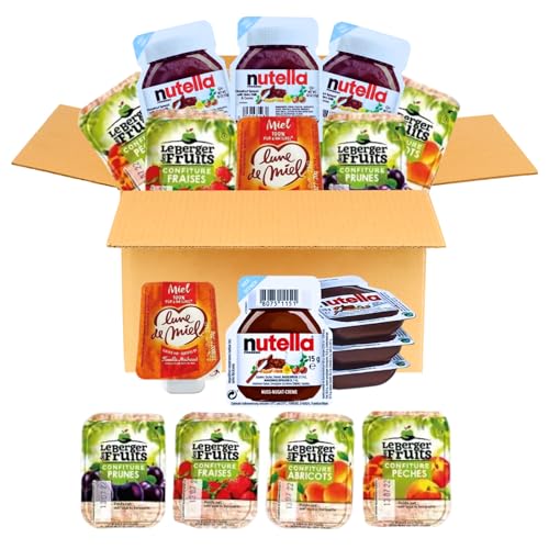 60 Barquettes LE BERGER DES FRUITS/NUT/LUNE DE MIEL | Assortiment de 12 Miel + 24 Pâtes à tartiner + 24 confitures assorties : Pêche, Fraise, Prune, Abricot...