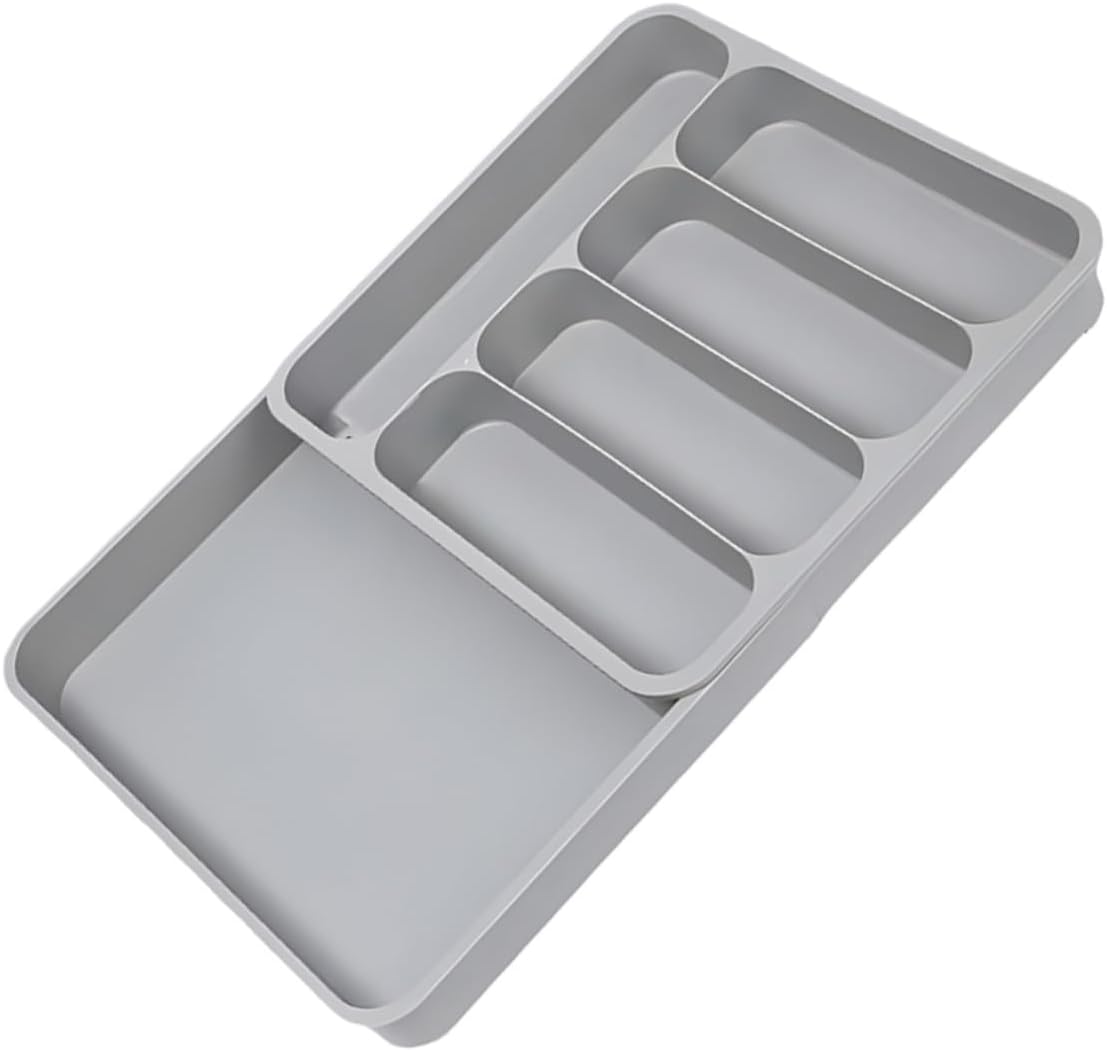 Silverware Drawer Organizer Tray Expandable Kitchen Cutlery Holder with Compartments Grey Plastic Storage for Utensils and Flatware Organization