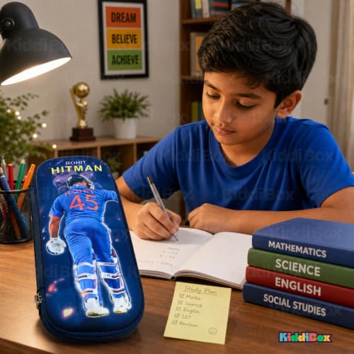 Image of KiddiBox Rohit Sharma Pencil Box | Durable Geometry Box for Kids, Anime Pencil Pouch Boys & Girls | Large-Capacity Anime Stationery Pouch | School, Travel & Gift Organizer | Blue