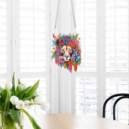 Image of Lion Diamond Painting Hanging Pendant Kit, DIY Crystal Acrylic Sun Catcher Diamond Art for Adults, 5D Special Shaped Rhinestone Ornament for Window, Wall or Garden Decoration, Handmade Animal Gift