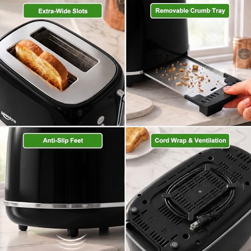 Image of 2 Slice Retro Stainless Steel Toaster with Bagel, Cancel, Defrost Function and 6 Bread Shade Settings Bread Toaster, Extra Wide Slot and Removable Crumb Tray (Black)