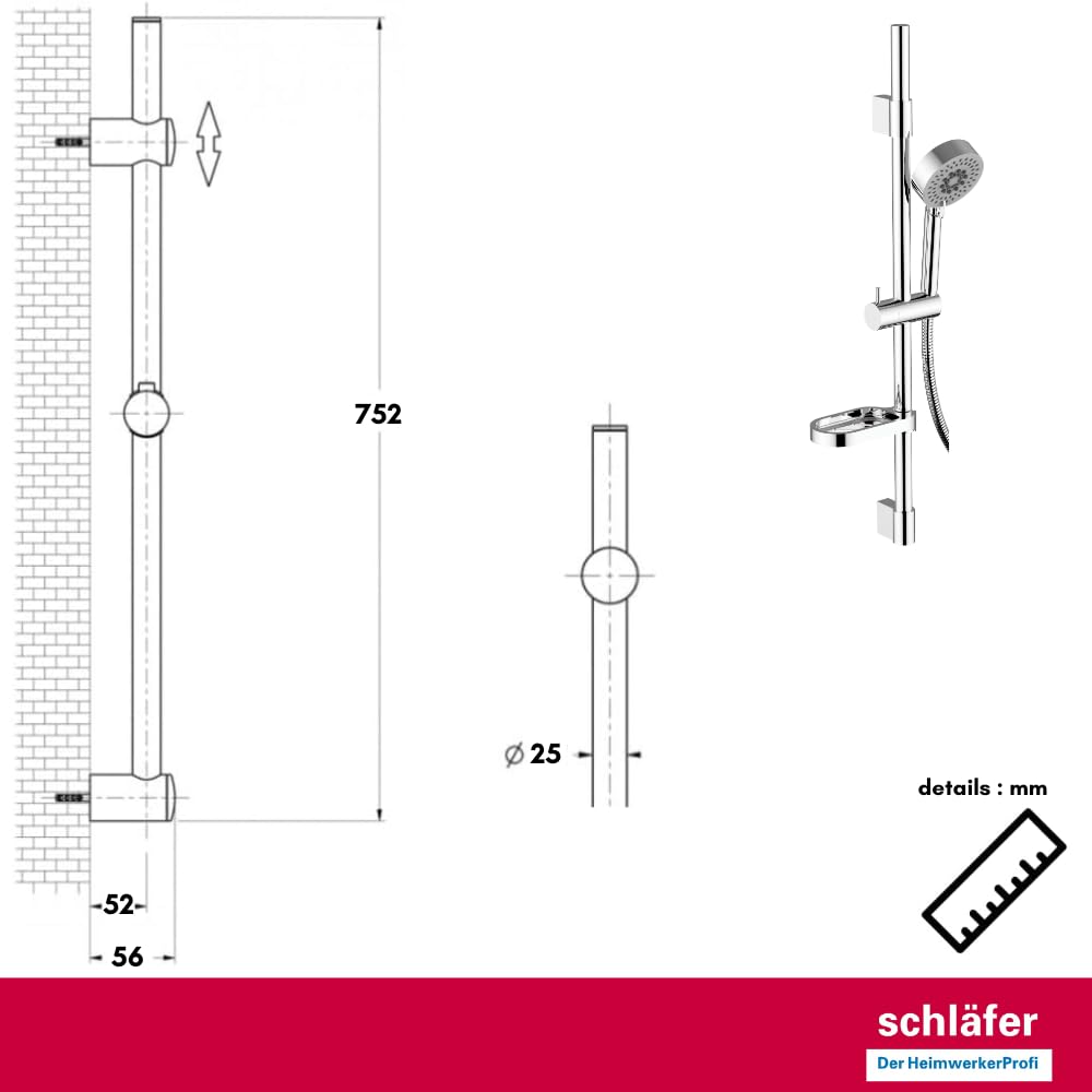 Schläfer 1317200 | Juego de ducha con alcachofa de ducha, barra de ducha ajustable 40-62, alcachofa de 5 funciones con sistema antical cromado, flexible ducha y jabonera incluida