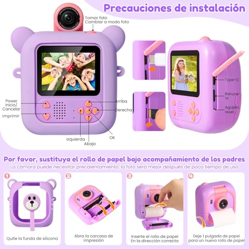 Miniatura 6 de ARNSSIEN Camara Fotos Infantil Instantanea 2,4"Camara instantanea Lente180° | 1080P Impresión instantánea, 7 Papeles (4 Col: O/R/V/B+3 B&N), Regalo Cumpleaños y Fiestas para niños y niñas 3-12 años, M2