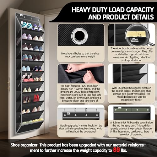 Kotkn 10 Tier Over The Door Organizer - Heavy Duty Hanging Storage Rack with Sturdy Oxford Fabric, Holds 20+ Pairs of Footwear, Boots & Sneakers, Saves 50% Closet Space (Black) by Kotkn - Used condition - Image 3