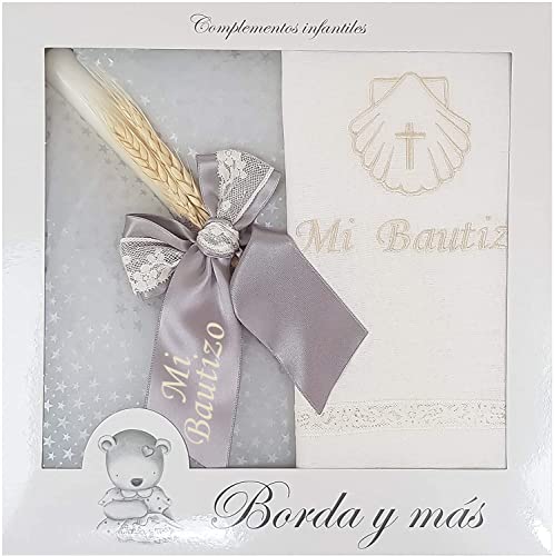 Kit de vela y pañuelo para bautizo – Pack de vela decorada para Bautizo y Paño bordado - Modelo París (Gris)