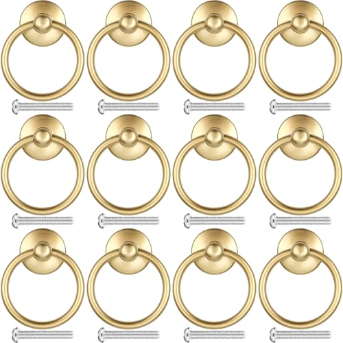 Roellgs 12PCS Vintage Drawer Handles, Retro Ring Drawer Knobs, Kitchen Cabinet Cupboard Door Ring Pull Handles, Antique Style Furniture Pull Handles (Gold)