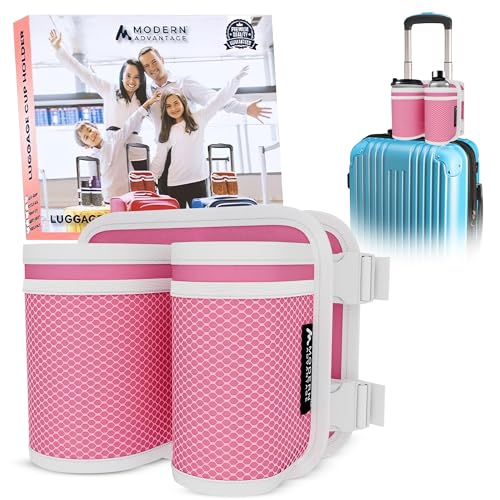 Image of Luggage Cup Holder Suitcase Attachment: Universal Drink and Bottle Caddy for Portable Convenience - Airplane Carry-On Travel Accessories - Reusable Drink Carrier with Pockets (Pink)