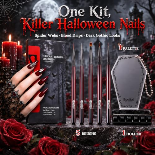 Image of Beetles Halloween Nail Art Brushes Set, 5Pcs Nail Liner Brushes, Dotting Tools,Fingernail Art Design Pens with Holder&Palette for Gel Polish, Spider Web, Blood Drip and DIY Salon Dark Romance Designs