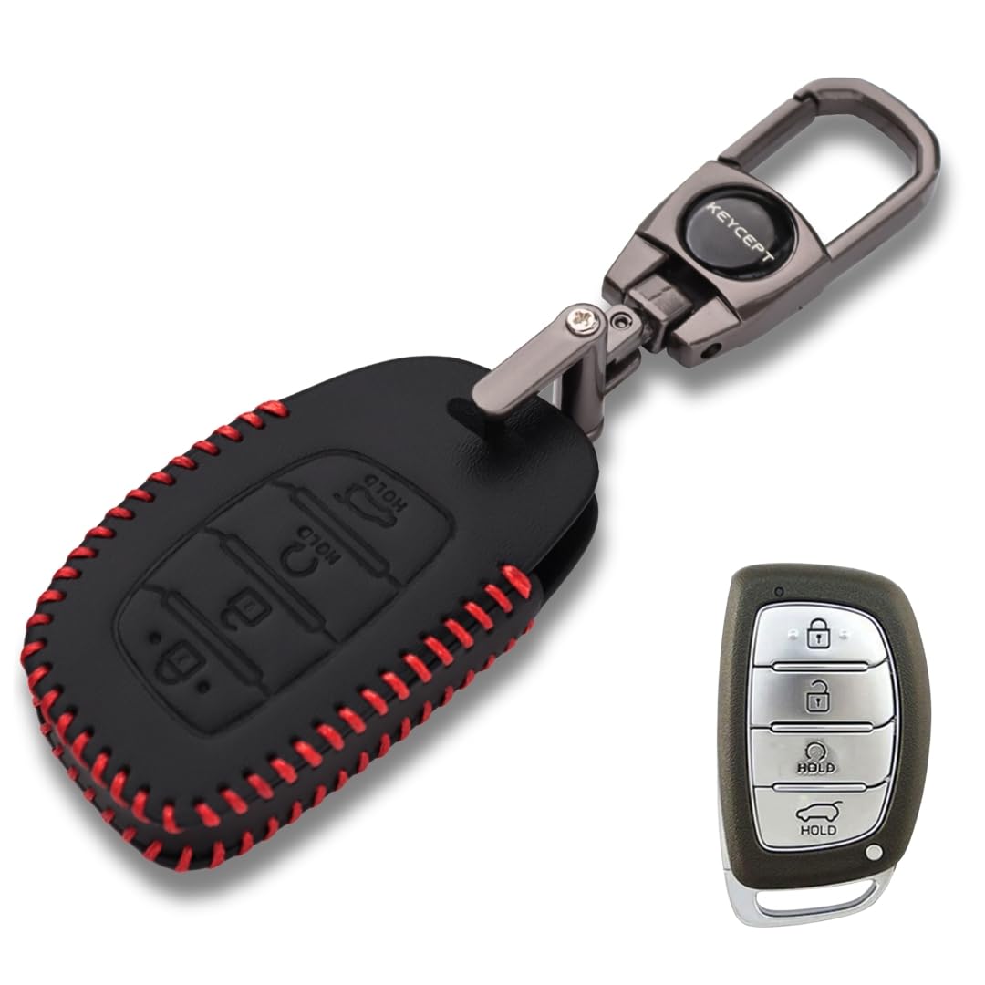 keycept™ classic leather for hyundai creta | venue | alcazar | elantra | i20 | tucson | n line | ev and facelift models for 4 button smart key with keychain