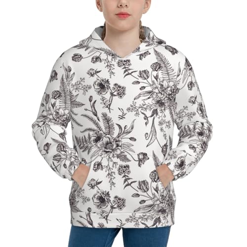 Black and White Flowers Kids Pullover Hoodies Boys Sweatshirts Girls Athletic Clothes with Pocket