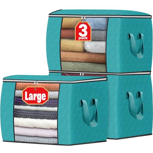 Image of Fab totes 24 Gallons Clothes Storage, Foldable Thick Fabric Blanket Storage Bags, Containers for Organizing Bedroom, Closet, Clothing, Comforter, Organization with Handle (3 Pack,Green)