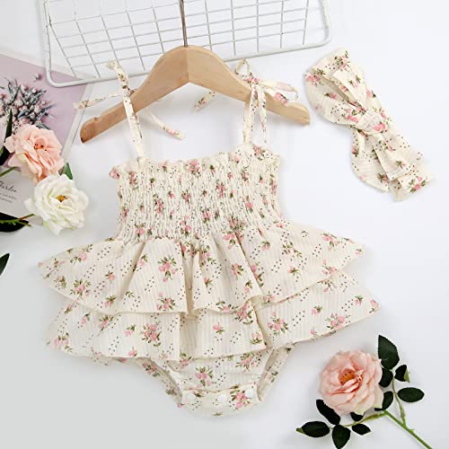 KMBANGI Newborn Baby Girl Summer Romper Dress Sleeveless Floral Elasticated Bust Ruffle Jumpsuit with Bow Headband2
