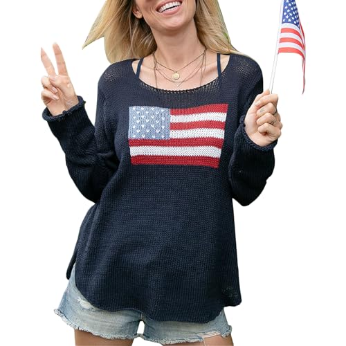 Image of Women American Flag Sweater Loose Vintage USA Sweatshirt Long Sleeve Crewneck Hollow Out 4th of July Jumper