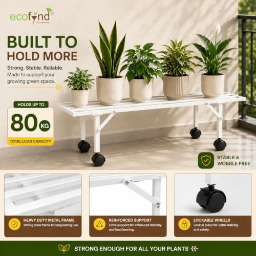 Image of ecofynd Scot 35 Inch Plant Stand with Wheels for Outdoor Balcony, Flower Pot Stand for Indoor Plants, Metal Plant Stand for Living Room, Home decor, Indoor & Outdoor plants, 1 Tier (2 Pack, PS051-WHT)