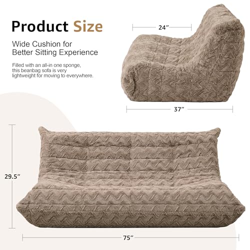 Image of Hobestluk Giant Bean Bag Chair Faux Fur BeanBag Couch for Living Room | Brown Chevron, 3-Seater,Ergonomic Design,Memory Foam,Anti-slip Bottom,No Assembly Required,Decorative Style for Living Room