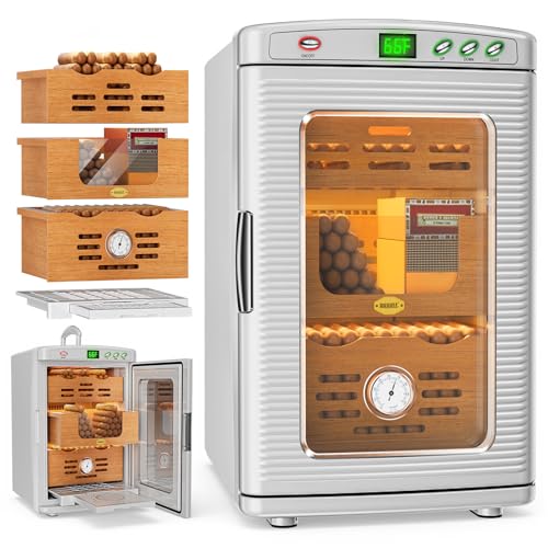 Cigar Humidor Cabinet 25L Electric Thermostatic LED Cigar Humidor for 160-200 Cigars Cedar Wood Shelves Hygrometer & Humidifying Tray Glass Door ABS Moisture proof Shell Cigar Care Partner