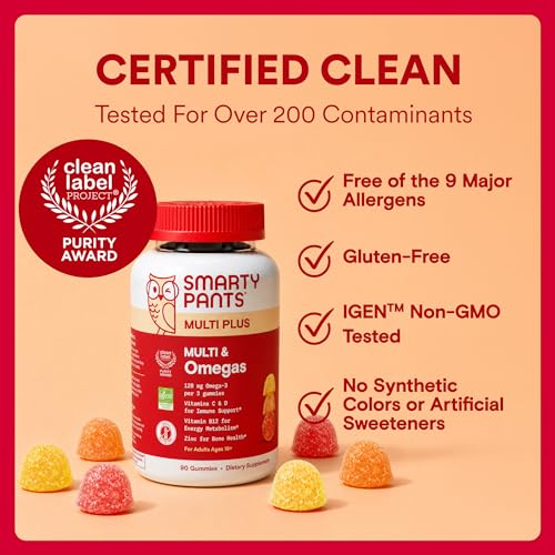 SmartyPants Plus Multi & Omegas Men and Women's Multivitamin Gummies with Omega 3 DHA/EPA, Vitamin D3, C, B12, B6, A, K, Zinc, Biotin, Clean Label, Three Fruit Flavors, 90 Count (30 Day Supply) - image 8