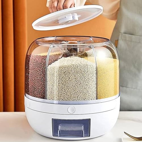 Image of Rotating Grain Dispenser for Kitchen | Multi-Compartment Food Storage Container with 6 Sections | 360 Dry Food and Cereal Organizer for Rice, Pulses, Cereal, Flour, Grains, Seeds