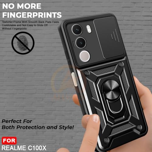 Image of Armor Bumper Back Cover Case for Realme C100X Rotating Camera Cover, Ring Holder & Kickstand | Heavy Duty & 360 Degree Protection Back Cover for Realme C100X (Black)